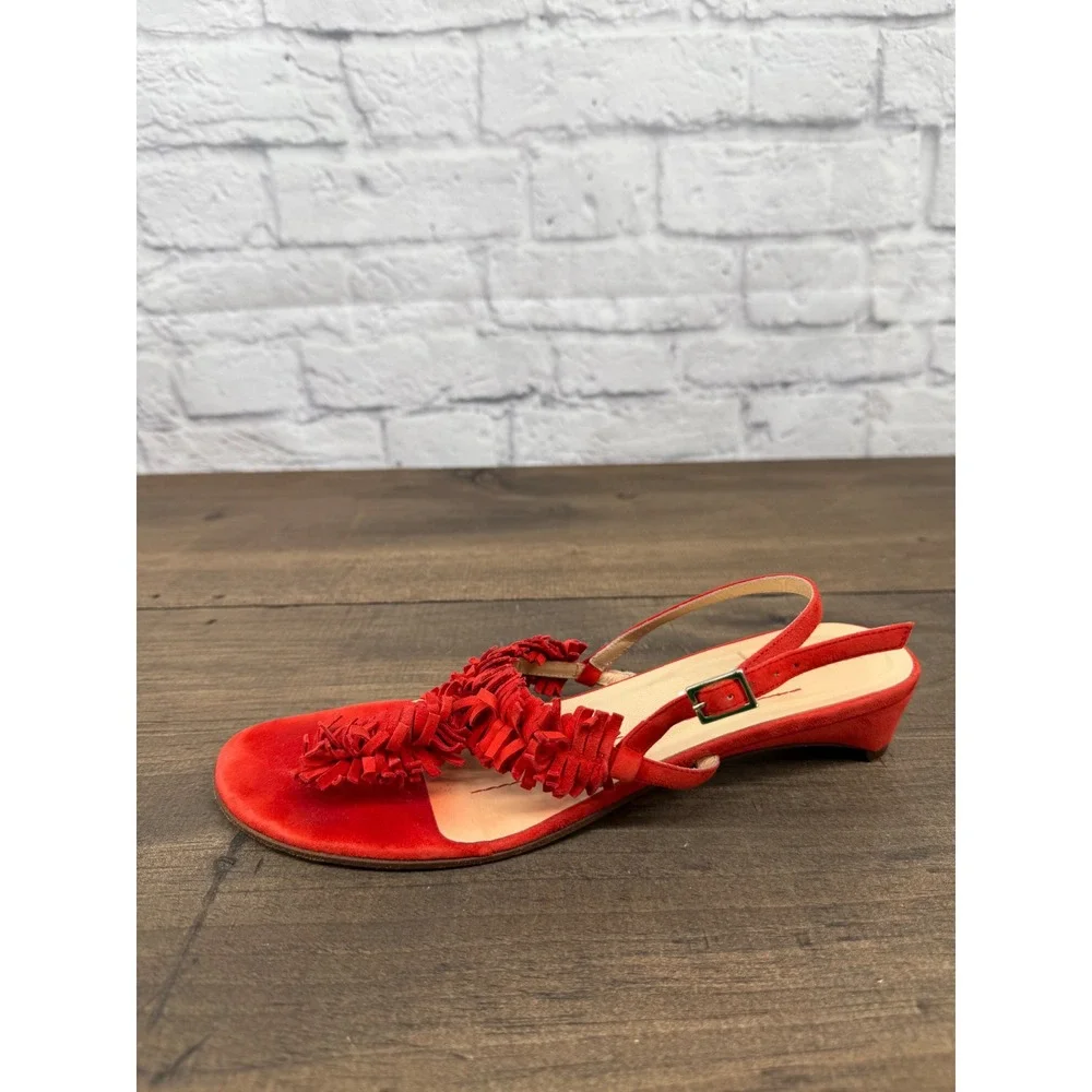 Kate Spade New York Coral Red Suede Fringe Kitten Heel Sandals Women's Size 8B
